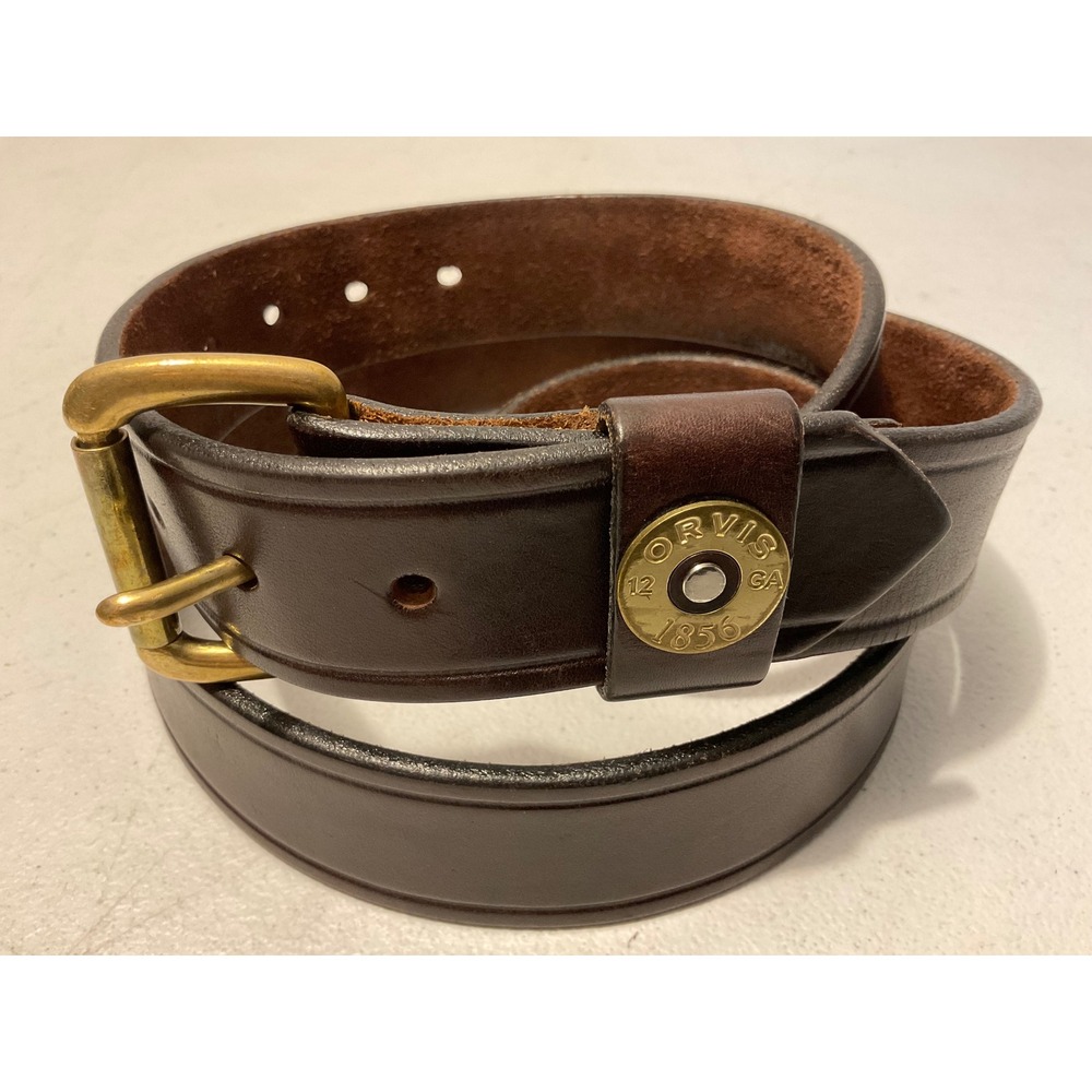 Orvis Gauge Brass Shotgun Shell BrownLeather Belt Men LG USA Made